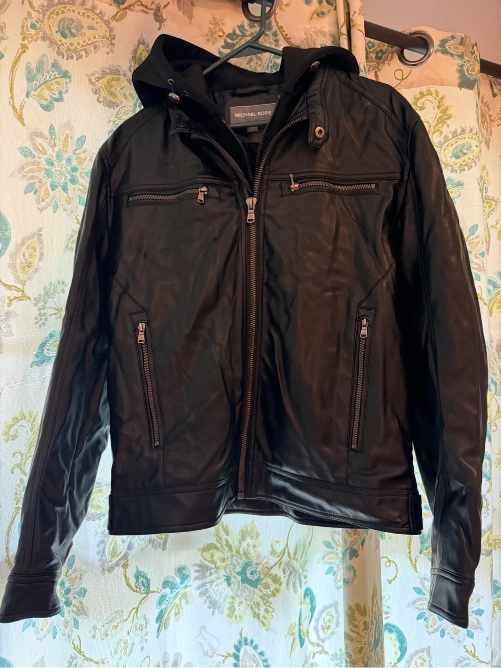 Michael Kors Black Faux-Leather Hooded Bomber Jacket